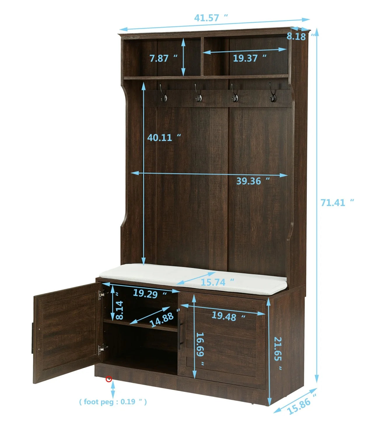 Entryway Hall Tree with Storage Bench, Wooden Coat Rack with Sponge Pad and 4 Dual Hooks - Product image 27