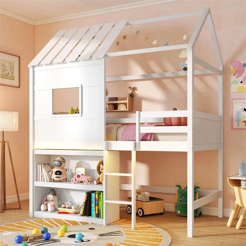 Twin Loft Bed with LED Lights, Wooden House Bed with Roof, Window, Storage Bookshelf, Ladder - Product image 10