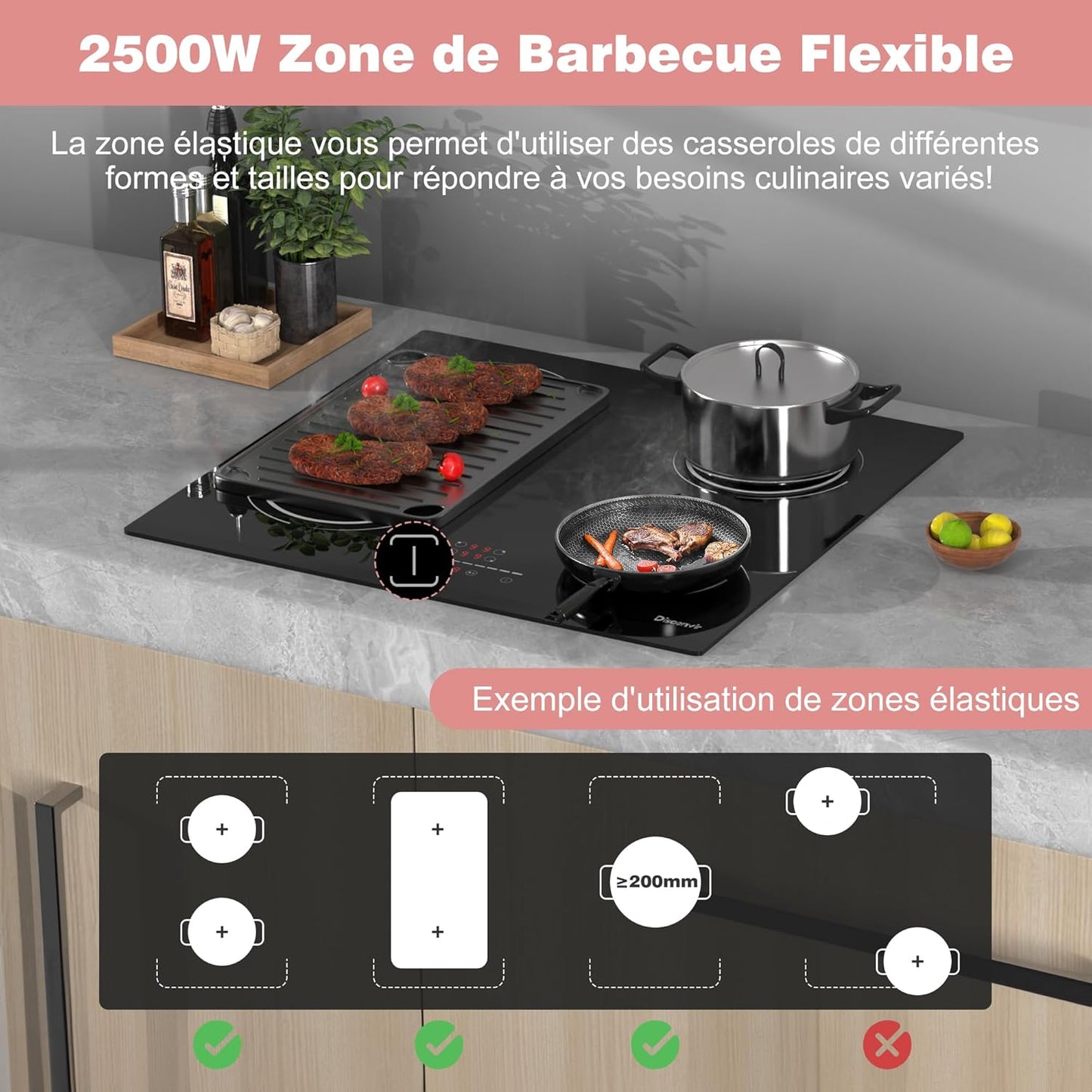 6400W Built-in 4 Burner Induction Hob, Flexible Zone Induction Hob, 60cm Electric Hob, Pause Function, 9 Levels, Touch Control, Timer, Child Lock