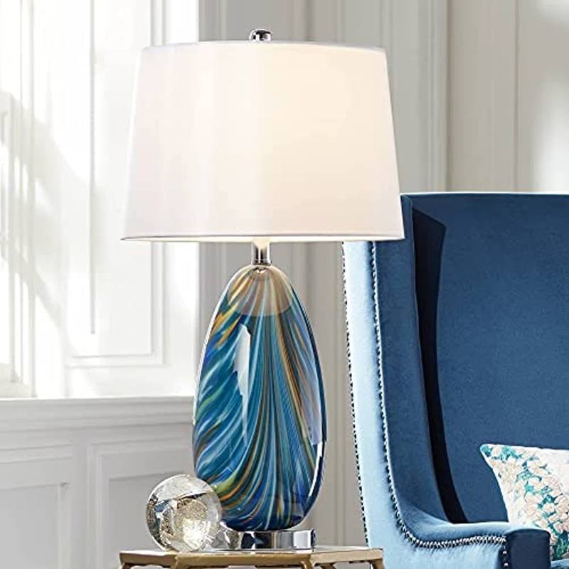 Possini Euro Design Modern Table Lamp Multi Color Blue Art Glass Tapered Drum Shade for Living Room Bedroom - Product image 1