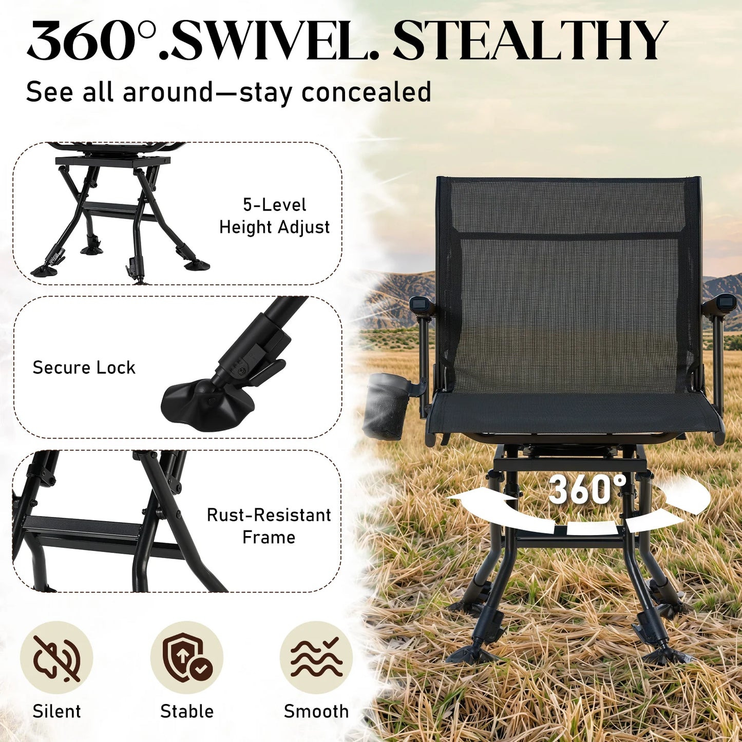 AECOJOY Folding Hunting Swivel Chair, Compact Storage Design, Black Steel Frame for Outdoor Shooting & - Product image 4