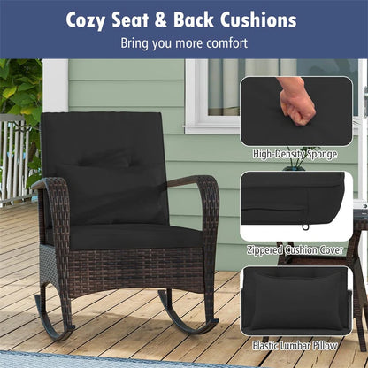 3-Piece Outdoor Wicker Rocking Chair Set, Rattan Bistro Rocker Furniture with Cushions & Pillows - Product image 26