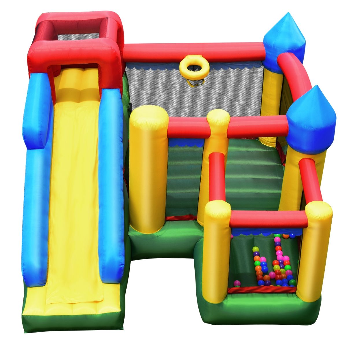 4 in 1 Inflatable Castle for Children 3-10 Years Old with Slide Jumping Area Climbing Wall Basketball Hoop -