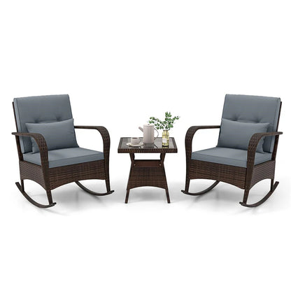 3-Piece Outdoor Wicker Rocking Chair Set, Rattan Bistro Rocker Furniture with Cushions & Pillows - Product image 31