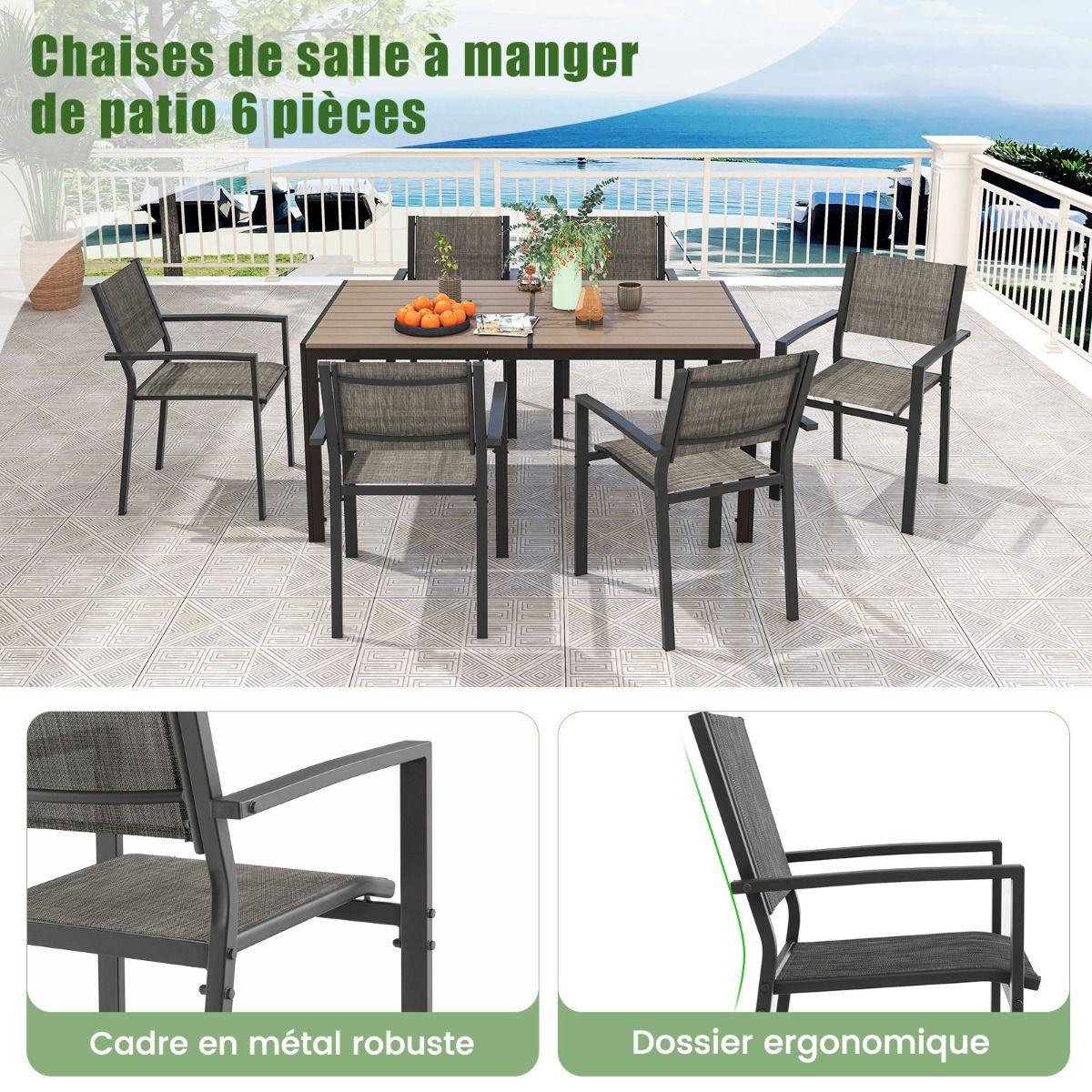 7 Piece Patio Furniture Set for 6 People Garden Furniture Set with 6 Stackable Chairs and Rectangular Table Gray -