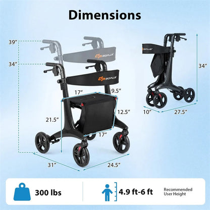 Ultralight Carbon Fiber Rollator Walker for Seniors, Foldable Rolling Walker with Seat, 8" Wheels - Product image 4
