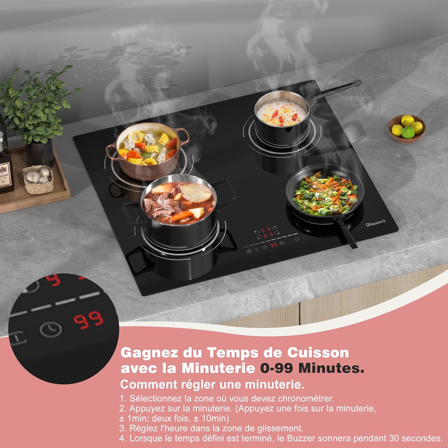 6400W Built-in 4 Burner Induction Hob, Flexible Zone Induction Hob, 60cm Electric Hob, Pause Function, 9 Levels, Touch Control, Timer, Child Lock