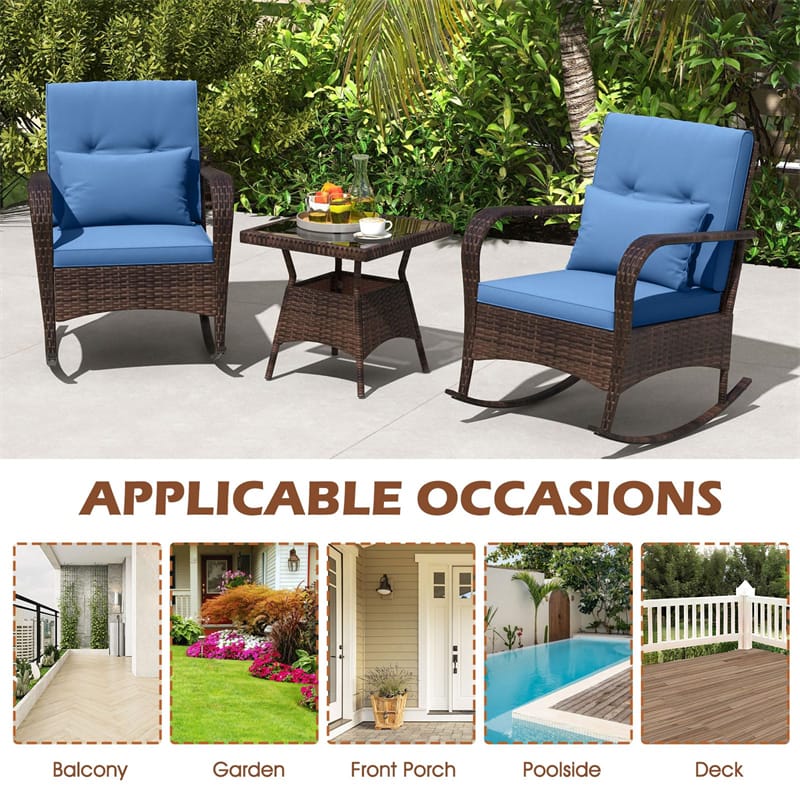 3-Piece Outdoor Wicker Rocking Chair Set, Rattan Bistro Rocker Furniture with Cushions & Pillows - Product image 20