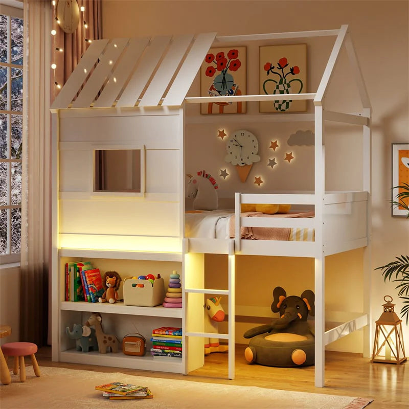 Twin Loft Bed with LED Lights, Wooden House Bed with Roof, Window, Storage Bookshelf, Ladder - Product image 1