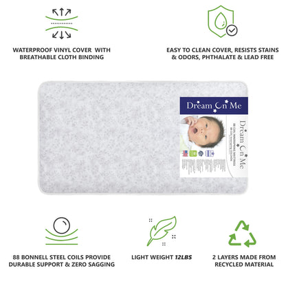 on Me Twinkle 5 88 Coil Crib and Toddler Mattress. Morning Mist Floral. Greenguard Gold Certified