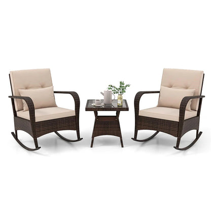 3-Piece Outdoor Wicker Rocking Chair Set, Rattan Bistro Rocker Furniture with Cushions & Pillows - Product image 1