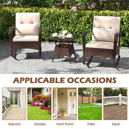 3-Piece Outdoor Wicker Rocking Chair Set, Rattan Bistro Rocker Furniture with Cushions & Pillows - Product image 10