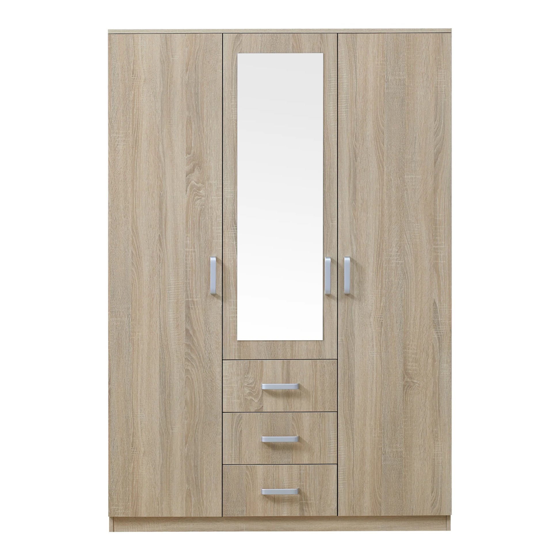 Bedroom wardrobe modern wardrobe timeless storage unit 5 shelves 3 drawers + MDF mirror 176 x 120 x 52 cm sonoma oak effect 03_0006369