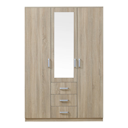 Bedroom wardrobe modern wardrobe timeless storage unit 5 shelves 3 drawers + MDF mirror 176 x 120 x 52 cm sonoma oak effect 03_0006369