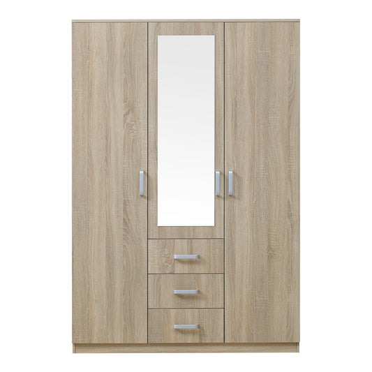 Bedroom wardrobe modern wardrobe timeless storage unit 5 shelves 3 drawers + MDF mirror 176 x 120 x 52 cm sonoma oak effect 03_0006369