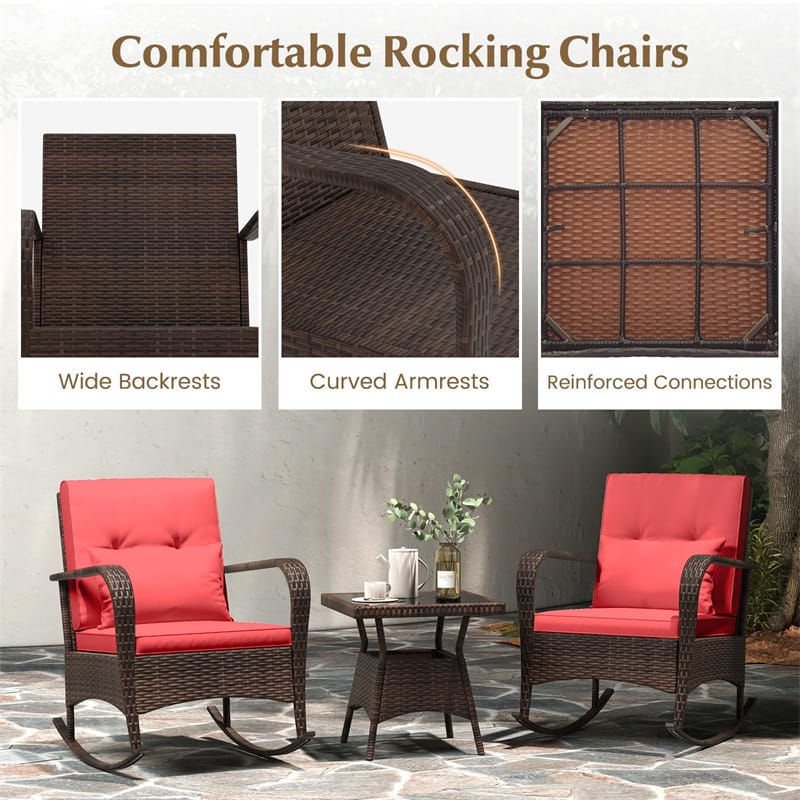 3-Piece Outdoor Wicker Rocking Chair Set, Rattan Bistro Rocker Furniture with Cushions & Pillows - Product image 49