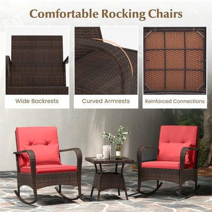 3-Piece Outdoor Wicker Rocking Chair Set, Rattan Bistro Rocker Furniture with Cushions & Pillows - Product image 49