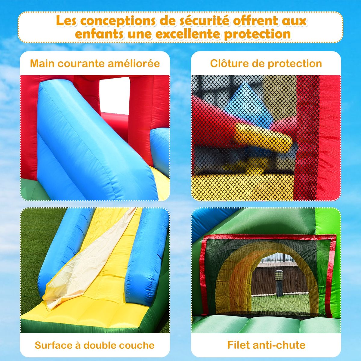 4 in 1 Inflatable Castle for Children 3-10 Years Old with Slide Jumping Area Climbing Wall Basketball Hoop -
