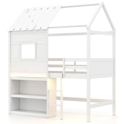 Twin Loft Bed with LED Lights, Wooden House Bed with Roof, Window, Storage Bookshelf, Ladder - Product image 3