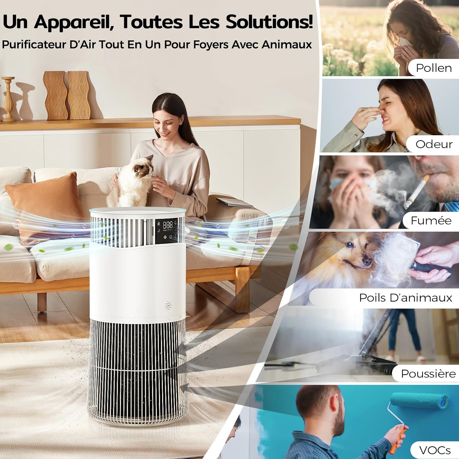 Amicura P2 Hepa Air Purifier for Animals and Allergic People, 843 m³/h CADR Against Animal Hair, H13 Hepa Hospital Filter, 450 m³/h Particles, App Control