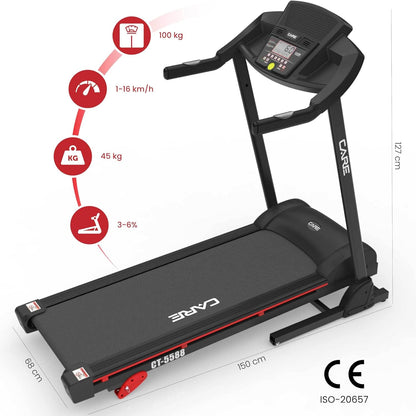 Care Fitness - Connected Treadmill CT-5588-2 - Inclinable and Foldable Electric Treadmill - Up to 16km/h - 3 Incline Levels - 12 Programs - Kinomap