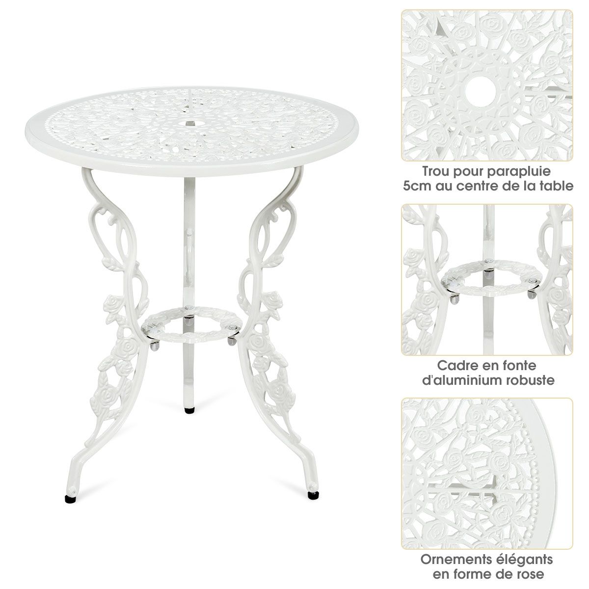 Weather-Resistant White Rose-Shaped Aluminum Garden Table and 2 Chairs Set -
