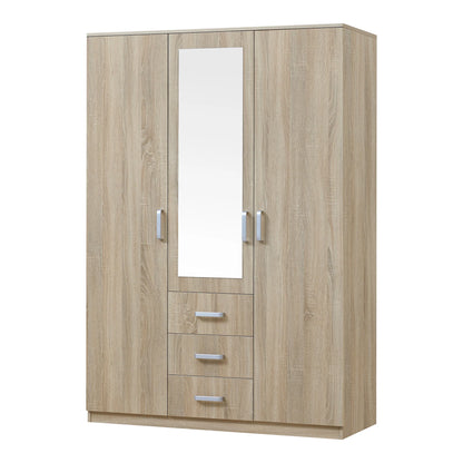 Bedroom wardrobe modern wardrobe timeless storage unit 5 shelves 3 drawers + MDF mirror 176 x 120 x 52 cm sonoma oak effect 03_0006369