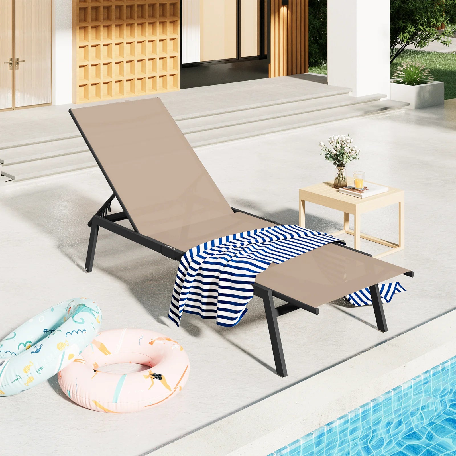 AECOJOY Patio Lounge Chairs, Outdoor Chaise Lounge with Wheels, Beige - Product image 2