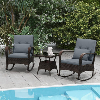 3-Piece Outdoor Wicker Rocking Chair Set, Rattan Bistro Rocker Furniture with Cushions & Pillows - Product image 33