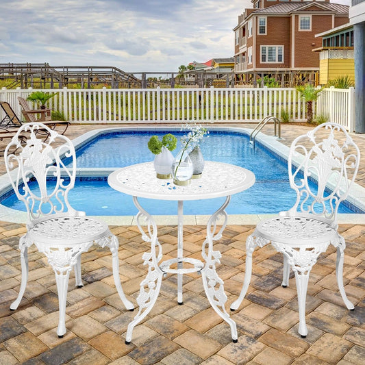 Weather-Resistant White Rose-Shaped Aluminum Garden Table and 2 Chairs Set -