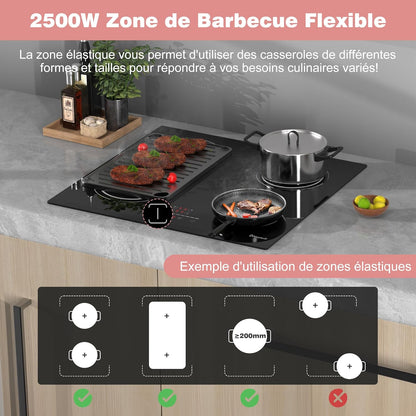 6400W Built-in 4 Burner Induction Hob, Flexible Zone Induction Hob, 60cm Electric Hob, Pause Function, 9 Levels, Touch Control, Timer, Child Lock