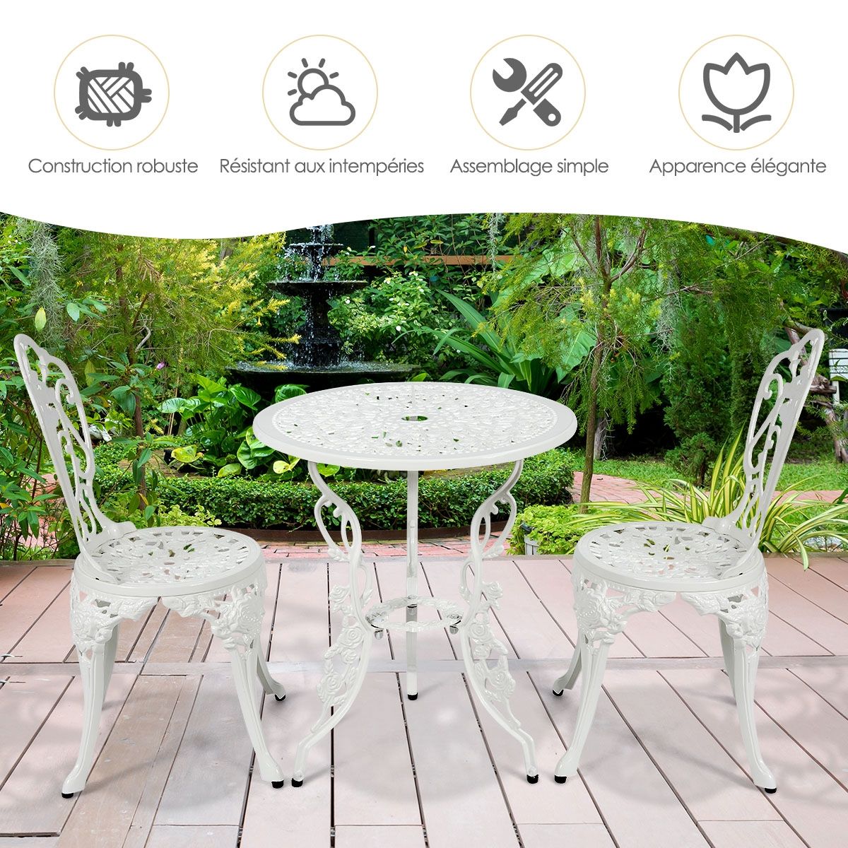 Weather-Resistant White Rose-Shaped Aluminum Garden Table and 2 Chairs Set -