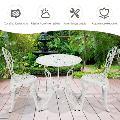 Weather-Resistant White Rose-Shaped Aluminum Garden Table and 2 Chairs Set -