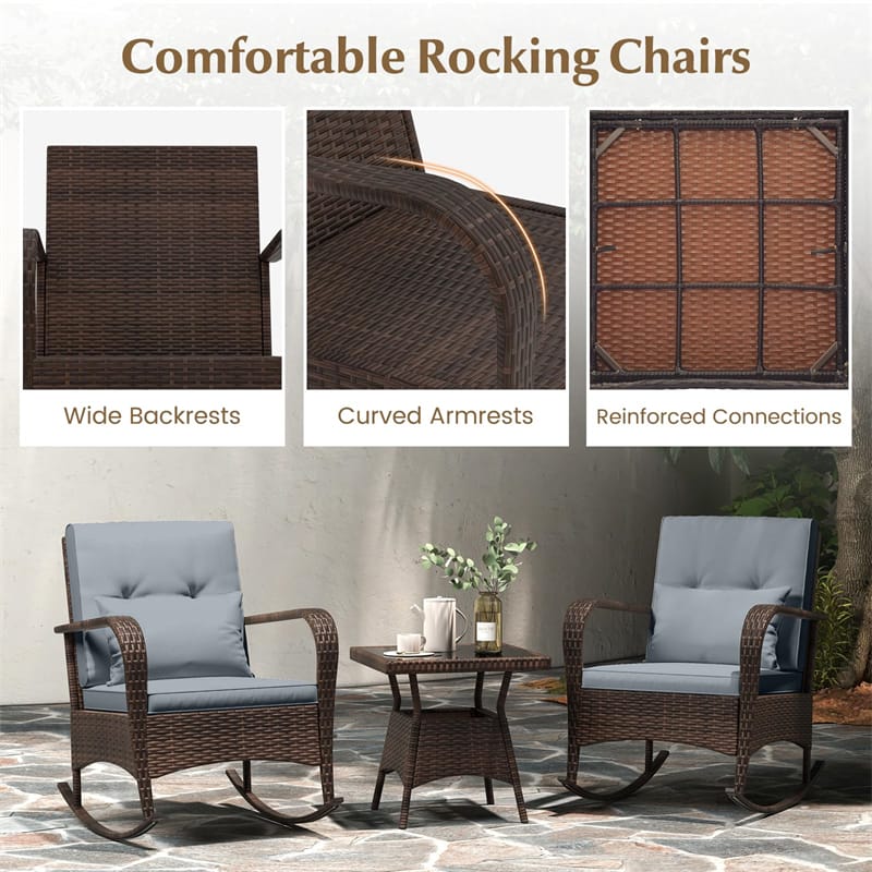3-Piece Outdoor Wicker Rocking Chair Set, Rattan Bistro Rocker Furniture with Cushions & Pillows - Product image 39