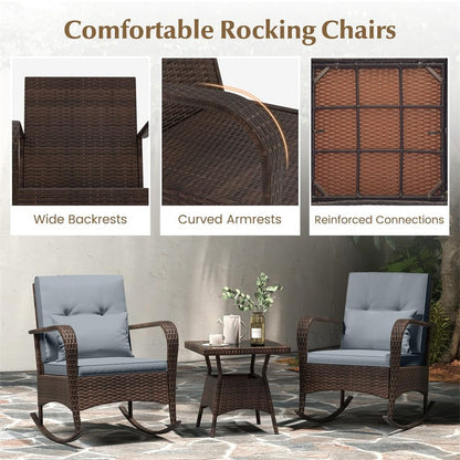 3-Piece Outdoor Wicker Rocking Chair Set, Rattan Bistro Rocker Furniture with Cushions & Pillows - Product image 39