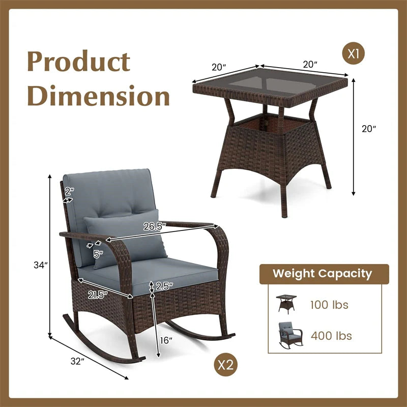 3-Piece Outdoor Wicker Rocking Chair Set, Rattan Bistro Rocker Furniture with Cushions & Pillows - Product image 34