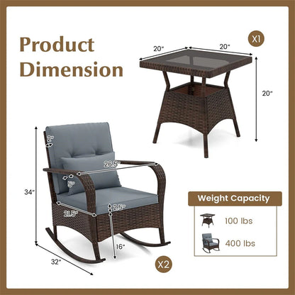 3-Piece Outdoor Wicker Rocking Chair Set, Rattan Bistro Rocker Furniture with Cushions & Pillows - Product image 34