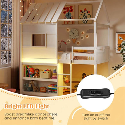Twin Loft Bed with LED Lights, Wooden House Bed with Roof, Window, Storage Bookshelf, Ladder - Product image 9
