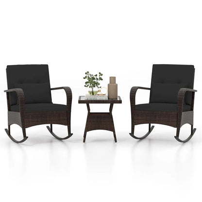 3-Piece Outdoor Wicker Rocking Chair Set, Rattan Bistro Rocker Furniture with Cushions & Pillows - Product image 21