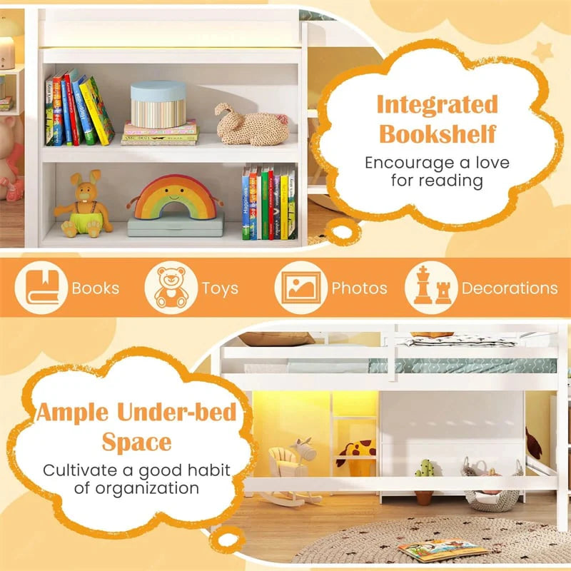 Twin Loft Bed with LED Lights, Wooden House Bed with Roof, Window, Storage Bookshelf, Ladder - Product image 8