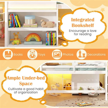 Twin Loft Bed with LED Lights, Wooden House Bed with Roof, Window, Storage Bookshelf, Ladder - Product image 8