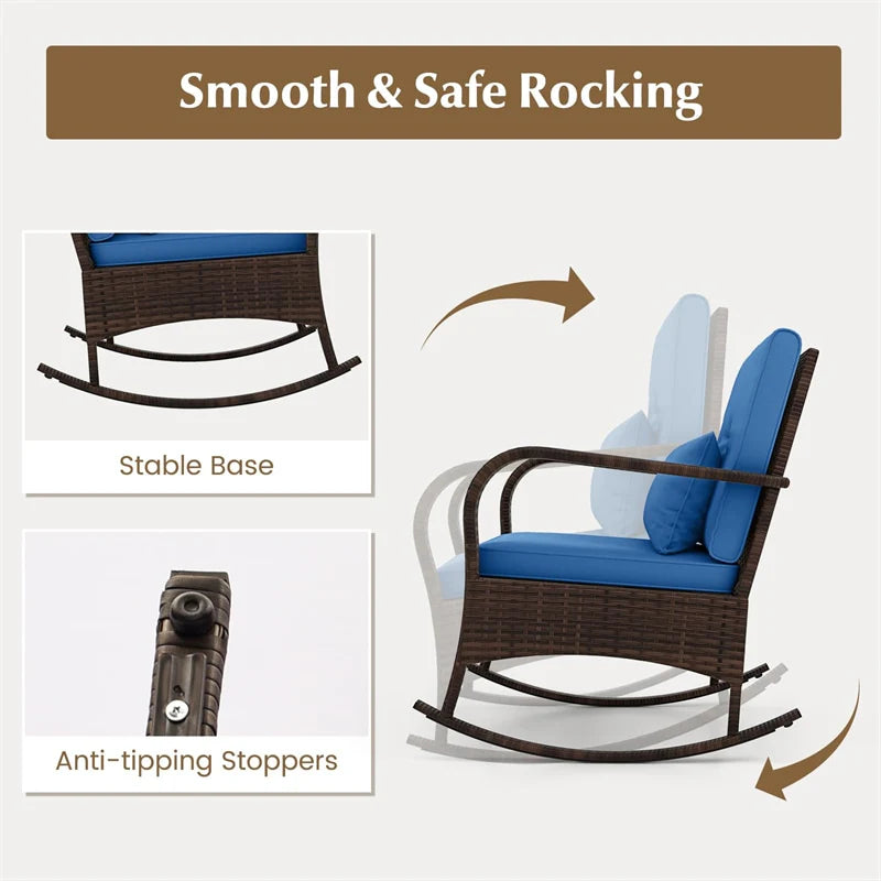 3-Piece Outdoor Wicker Rocking Chair Set, Rattan Bistro Rocker Furniture with Cushions & Pillows - Product image 15