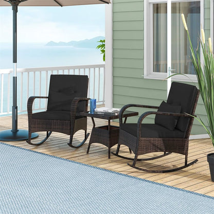 3-Piece Outdoor Wicker Rocking Chair Set, Rattan Bistro Rocker Furniture with Cushions & Pillows - Product image 29