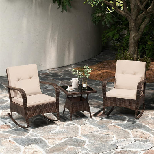 3-Piece Outdoor Wicker Rocking Chair Set, Rattan Bistro Rocker Furniture with Cushions & Pillows - Product image 2